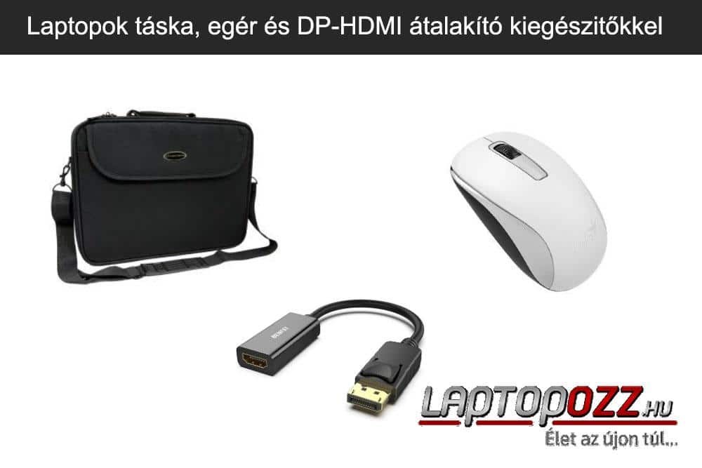 Használt laptop kiegészítőkkel (táska, egér, DP-hdmi átalakító)